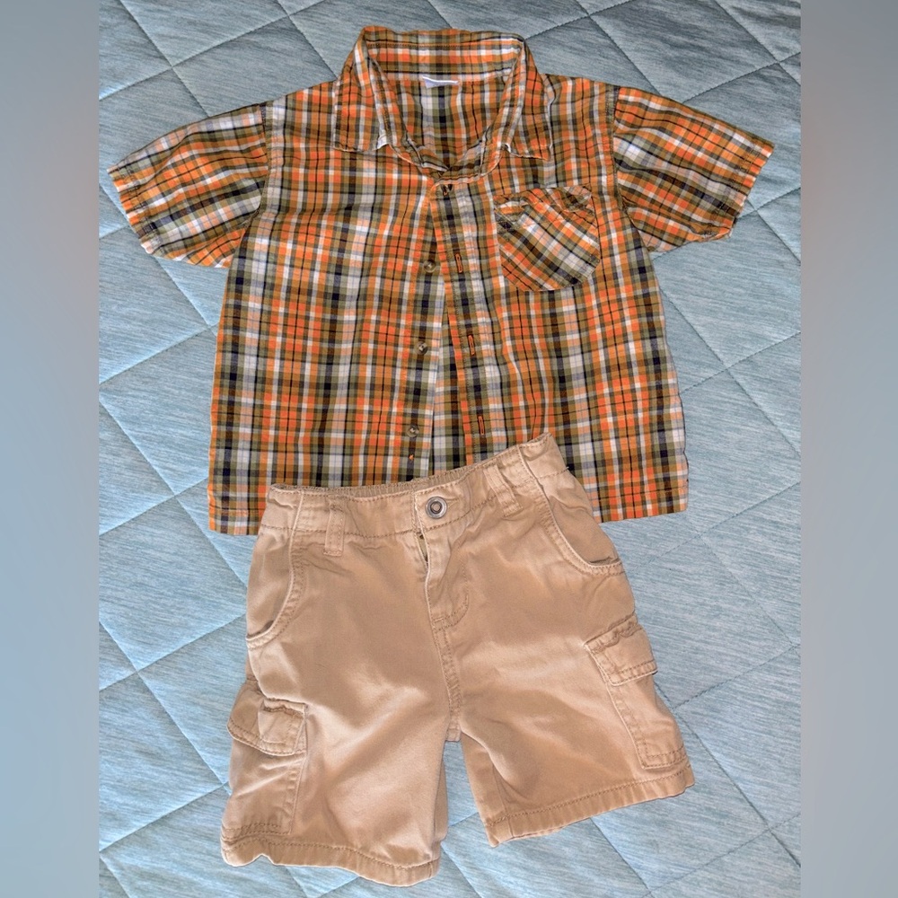 Toddler Boy 18mo. bundle, button up plaid shirt & cargo shorts